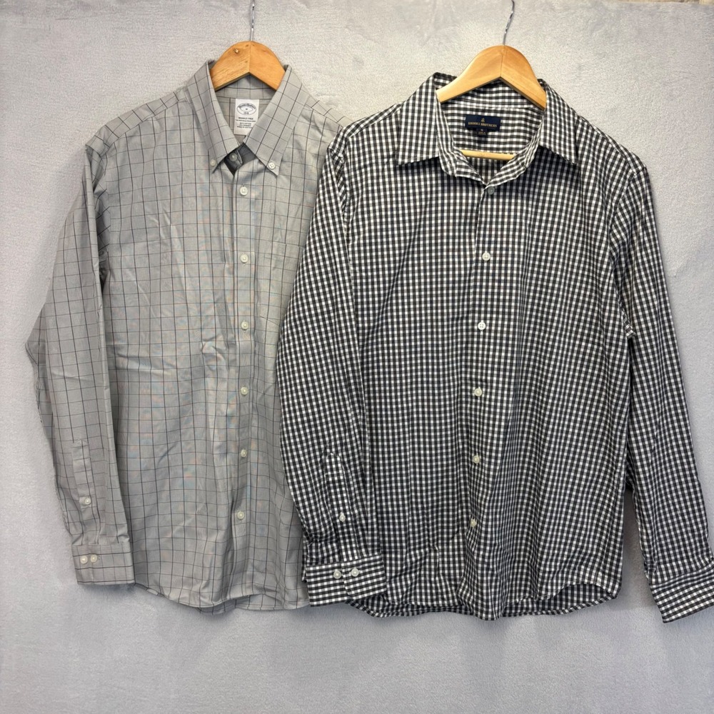 Lot of 2 Brooks Brothers Button Up Shirts Mens M Grey Black Plaid Office Work